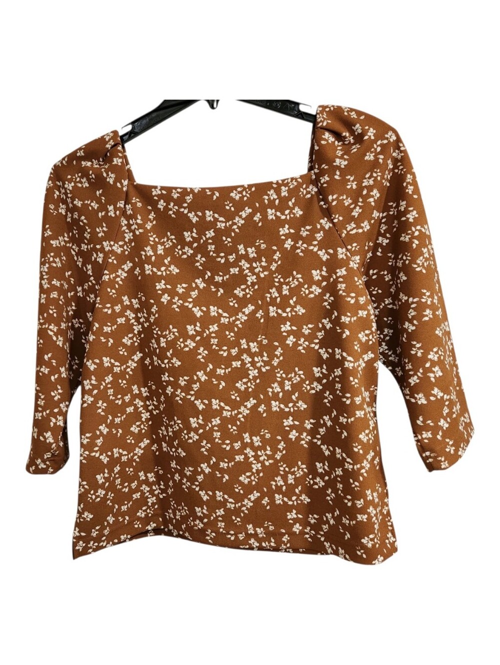 Melloday Floral Blouse Sz M Earth Tone Rust Brown Square Neck Puff Sleeve Boho - Picture 2 of 9